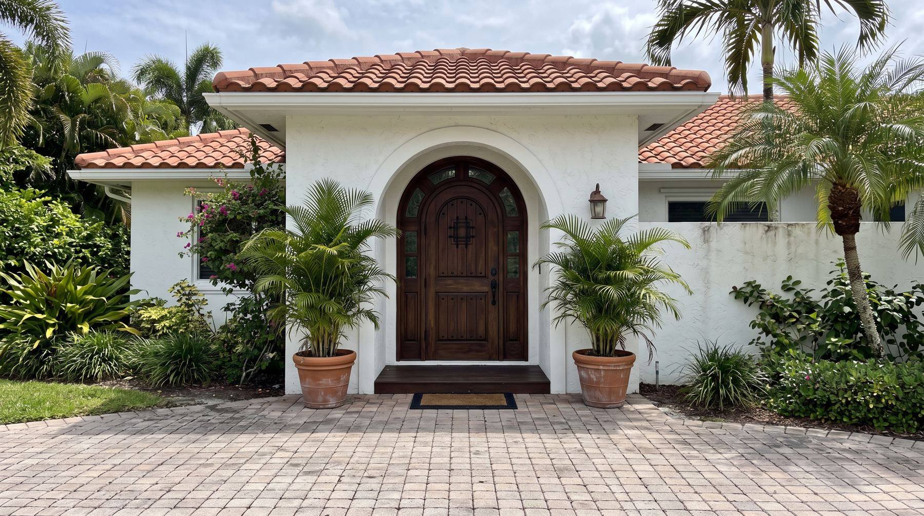 A white stucco Boca Raton home with a clay tile roof, an arched wooden door, and potted palms